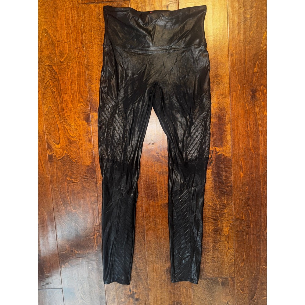 Spanx Black Faux Leather Moto Leggings High Rise Ribbed Mesh Size Medium